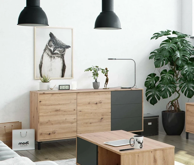 Dmora - Highboard Concord, Modern sideboard with 2 doors and 3 drawers, Living room buffet, TV cabinet, Sideboard for living room, 154x41h74 cm, Knotted oak and Anthracite