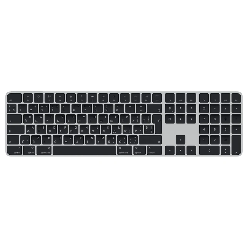 Apple Magic Keyboard with Touch ID and Numeric Keypad: Bluetooth, rechargeable. Works with Mac computers with Apple silicon; Ukrainian, Black keys
