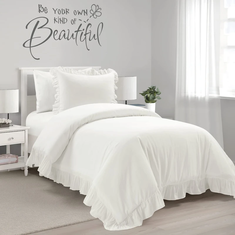 Lush Decor Reyna Ruffle 100% Cotton Duvet Cover Set - 2 Piece Cozy Ruffled Bedding Set - Timeless Elegance and Comfort For Teen or Dorm Room- Twin XL, White
