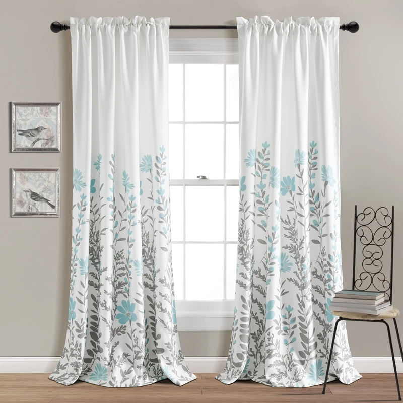 Lush Decor Aprile Room Darkening Curtains Floral Leaf Design Window Panel Drapes Set for Living, Dining, Bedroom (Pair), 52" W x 84" L, Blue & Gray