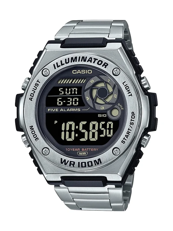 Casio MWD100H Series | Men’s Digital Watch | Silver/Black | 100M WR | Stainless Steel Bezel | LED Illuminator Backlight with Afterglow | 100 SEC Chronograph | Full Auto Calendar | 10 Year Battery,