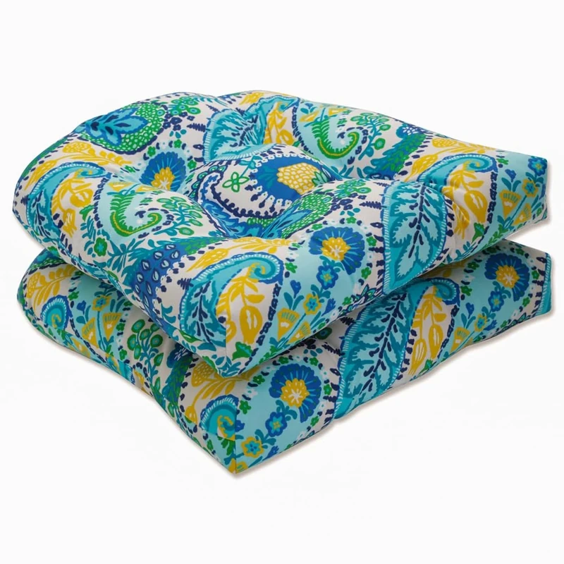 Pillow Perfect Paisley Indoor/Outdoor Chair Seat Cushion, Tufted, Weather, and Fade Resistant, Round Corner - 19" x 19", 2 Count