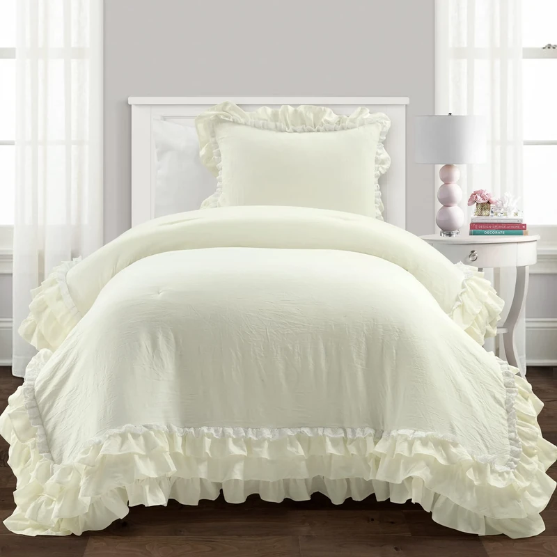 Lush Decor Ella Parisian Vintage Chic Ruffle Lace 2 Piece Comforter Set, Ivory, Twin-XL