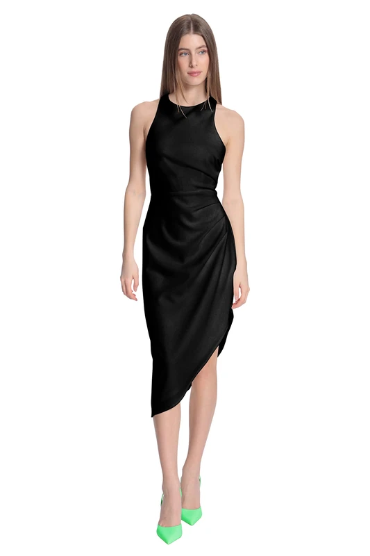Donna Morgan Women's Sleeveless Bodycon Dress with Side Pleat Tucks and Asymmetric Hem, Black, 4