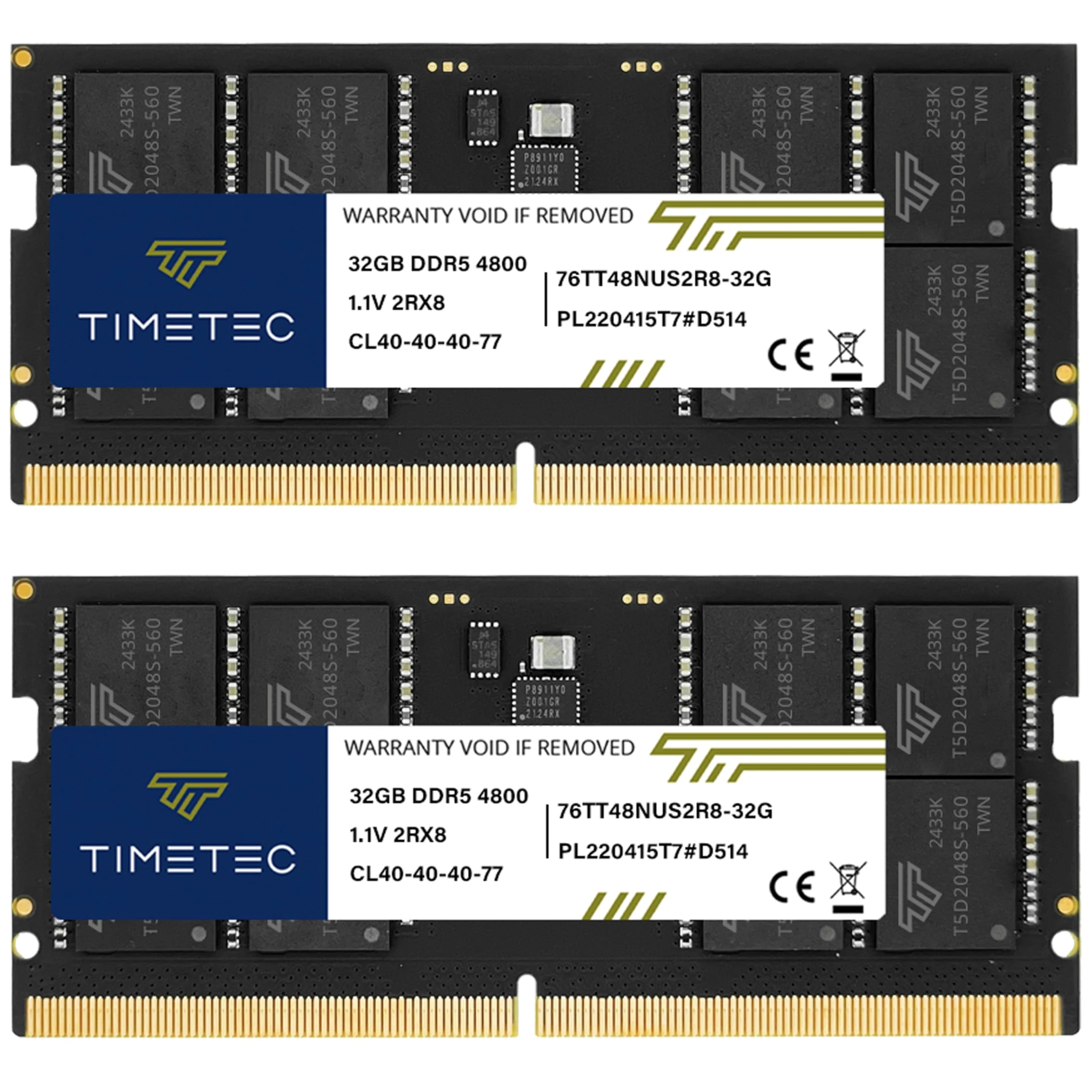 Timetec 64GB KIT(2x32GB) DDR5 4800MHz PC5-38400 Unbuffered Non-ECC 1.1V CL40 2Rx8 Dual Rank 262 Pin SODIMM Laptop Memory RAM Module Upgrade