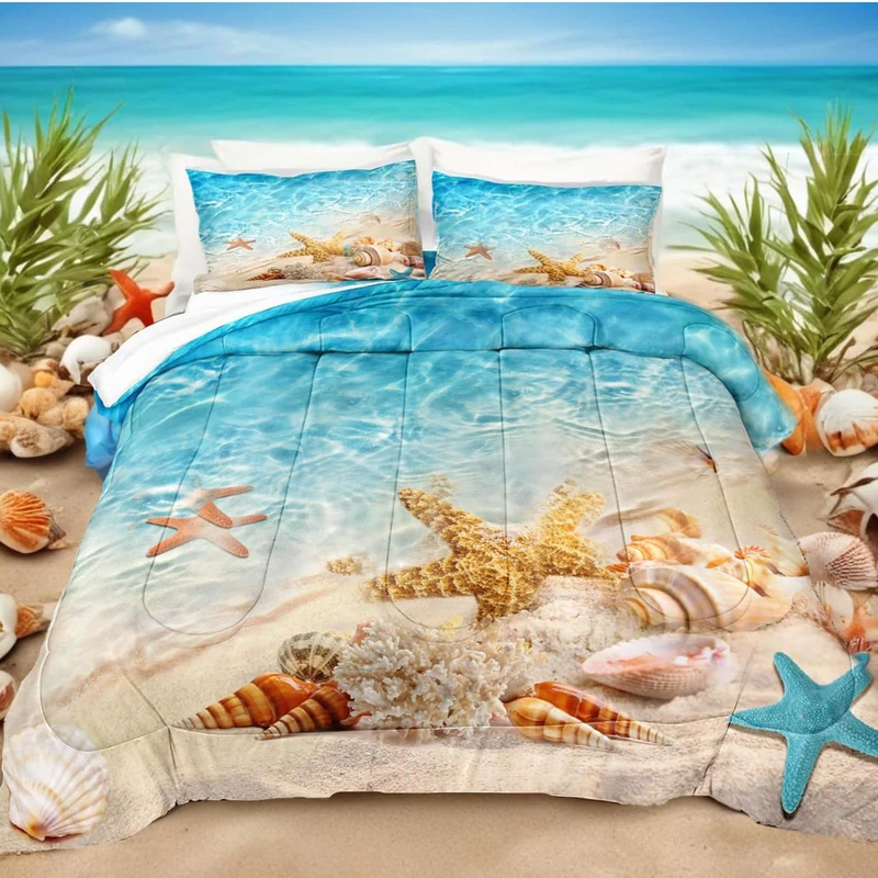 Bedbay King Size Comforter Set Beach Theme Bedding Set Starfish Shell Conch Sea Life Printed Ocean Comforter Set King Bedding Set Beach Themed Room Decor 3 Pieces Beach Comforter Set(Aqua,King)