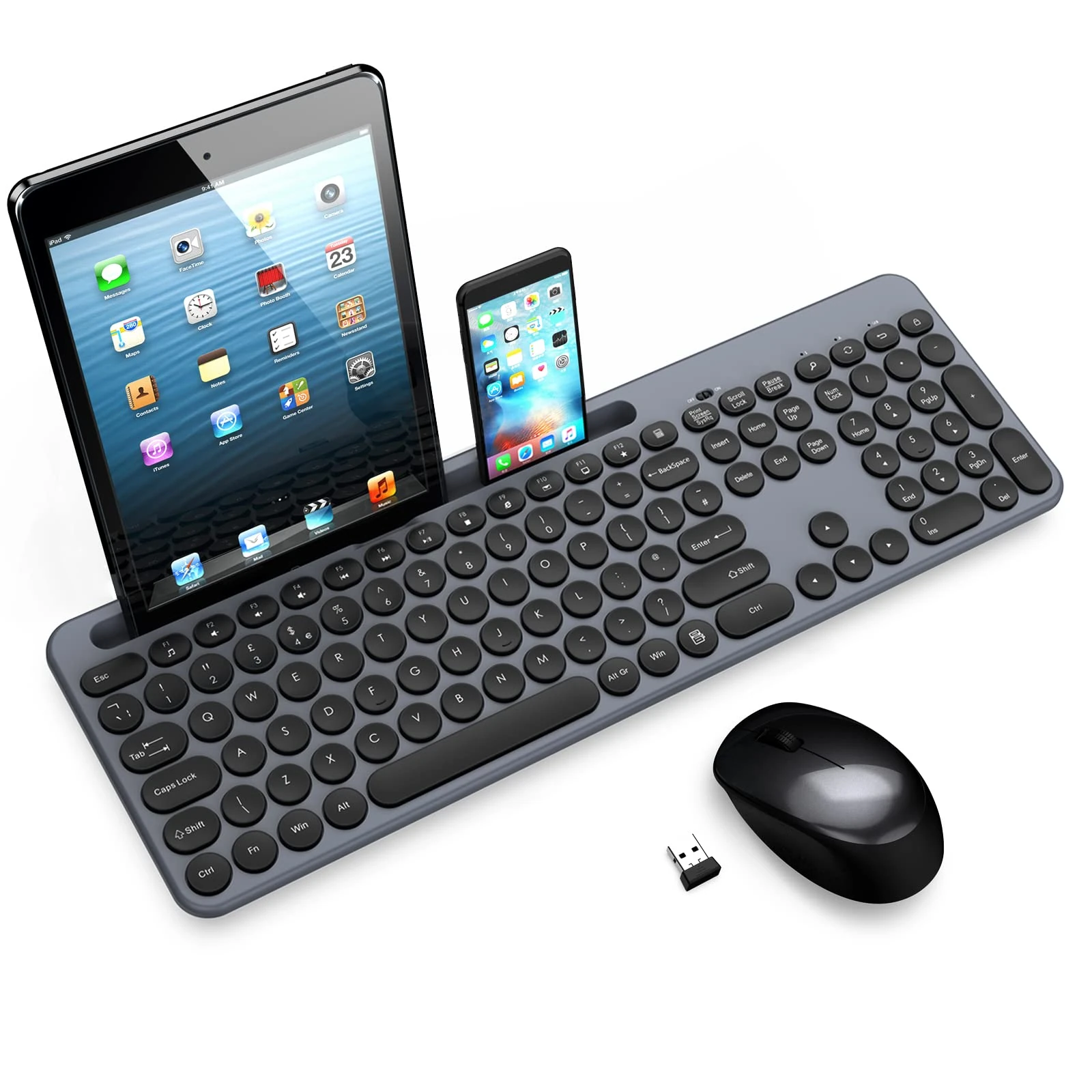 LeadsaiL Wireless Keyboard and Mouse Set with Phone and Tablet Holder, Wireless USB Mouse and Computer Keyboard Combo, Full-sized QWERTY UK Keyboard for HP/Lenovo Laptop and Mac-Grey