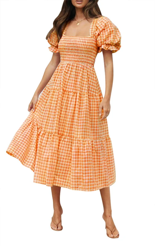 ZESICA Women's 2024 Bohemian Summer Plaid Square Neck Puff Sleeve Ruffle Flowy Beach Midi Dress, Orange, S