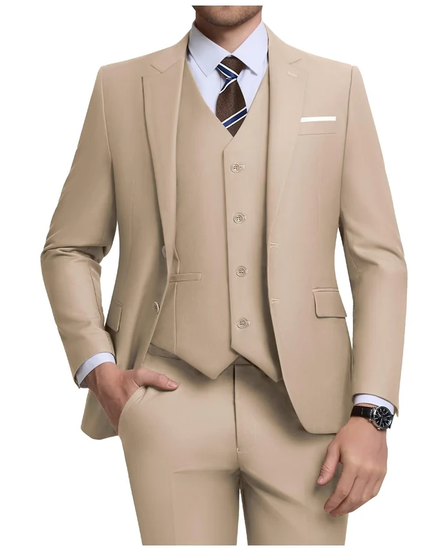 Holivyer Men's 3 Piece Slim Fit Suit Set, Two Button Blazer Solid Jacket Vest Pants Wedding Business Suit, Champagne, Medium - Image 1