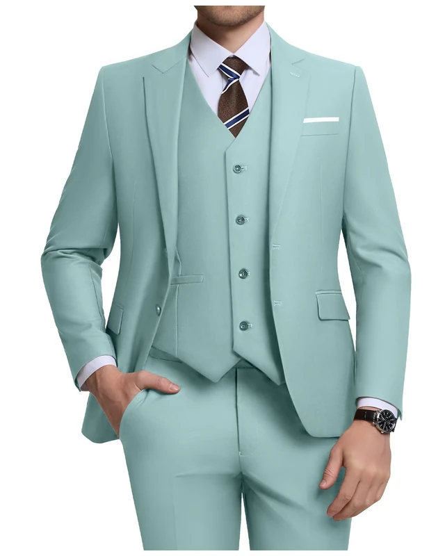 Holivyer Men's 3 Piece Slim Fit Suit Set, Two Button Blazer Solid Jacket Vest Pants Wedding Business Suit, Mint Green, Large