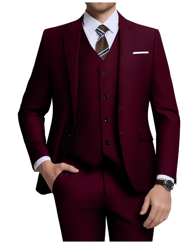 Holivyer Men's 3 Piece Slim Fit Suit Set, Two Button Blazer Solid Jacket Vest Pants Wedding Business Suit, Burgundy, X-Large