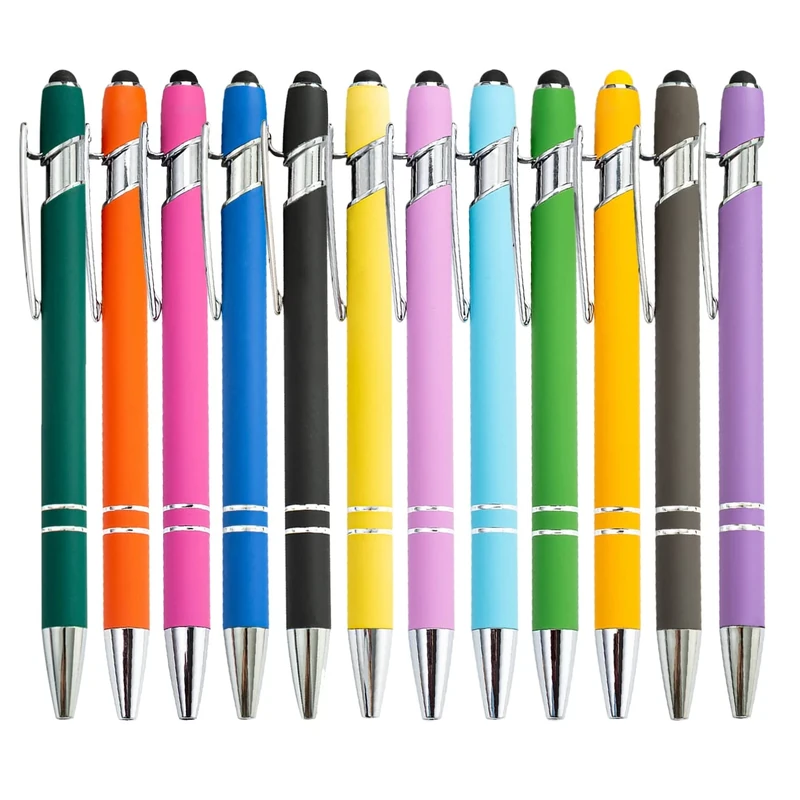 PASISIBICK 12 Pieces Ballpoint Pen with Stylus Tip, Metal Stylus Ballpoint Pens for Rainbow Rubberized Soft Touch Screens, 2 in 1 Stylus Ballpoint Pen 1.0 mm Black Ink(Pack of 12)