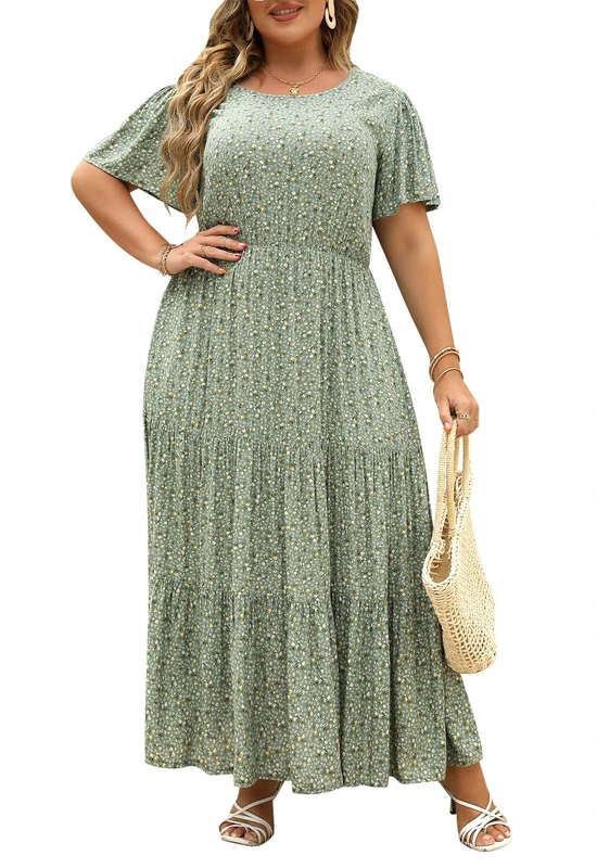 Nemidor Womens Plus Size Boho Ditsy Floral Print Casual Layered Flared Maxi Dress with Pocket NEM304, Green White, 26 Plus