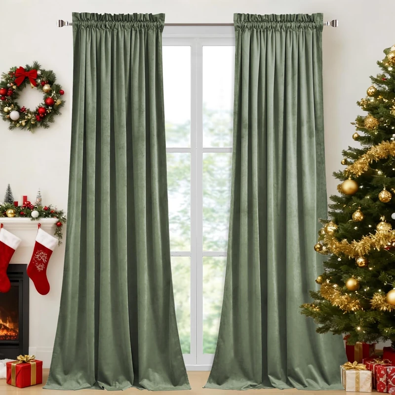 StangH Plush Velvet Curtains 2 Panels Rod Pocket Room Darkening Thermal Insulated Drapes for Nursery Bedroom Living Room 52" W x 84" L Sage Green