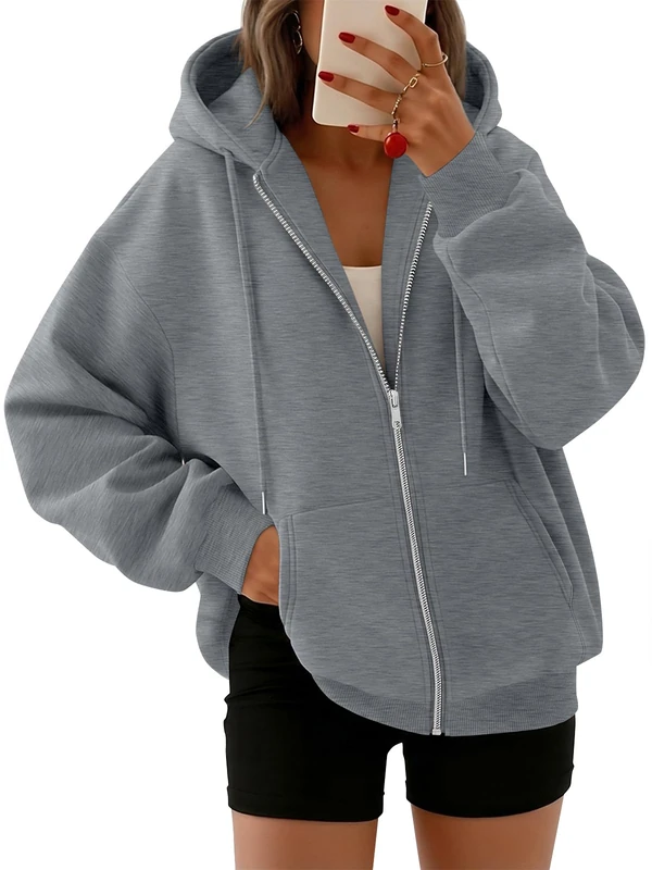 Trendy Queen Womens Zip Up Hoodies Oversized Sweatshirts Fall Fashion Outfits Casual Jackets 2025 Winter Clothes, Dark Grey, Large