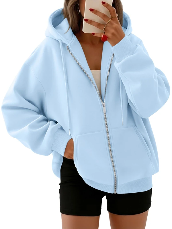 Trendy Queen Womens Zip Up Hoodies Oversized Sweatshirts Fall Fashion Outfits Casual Jackets 2025 Winter Clothes, Sky Blue, Medium