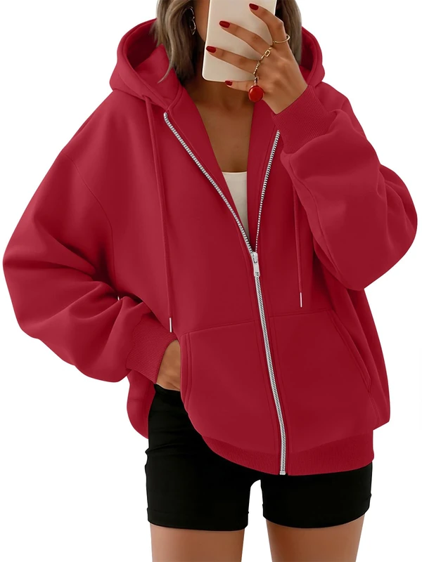 Trendy Queen Womens Zip Up Hoodies Oversized Sweatshirts Fall Fashion Outfits Casual Jackets 2025 Winter Clothes, Red, XL