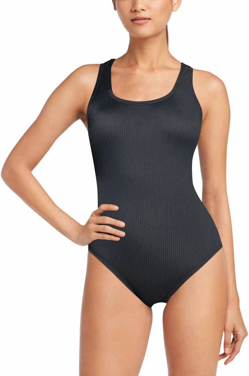 Speedo Womens Ultraback One Piece Swimsuit Black with White Piping, Speedo Black Rib, Small