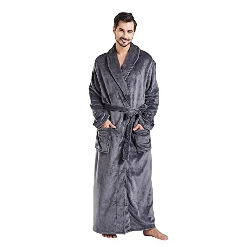 FashGudim Mens Robes Big and Tall Full Length Plush Fleece Long Robe for Men Bathrobe Shawl Collar Warm Winter House Robes, Grey, 6X-Large (Big Tall)