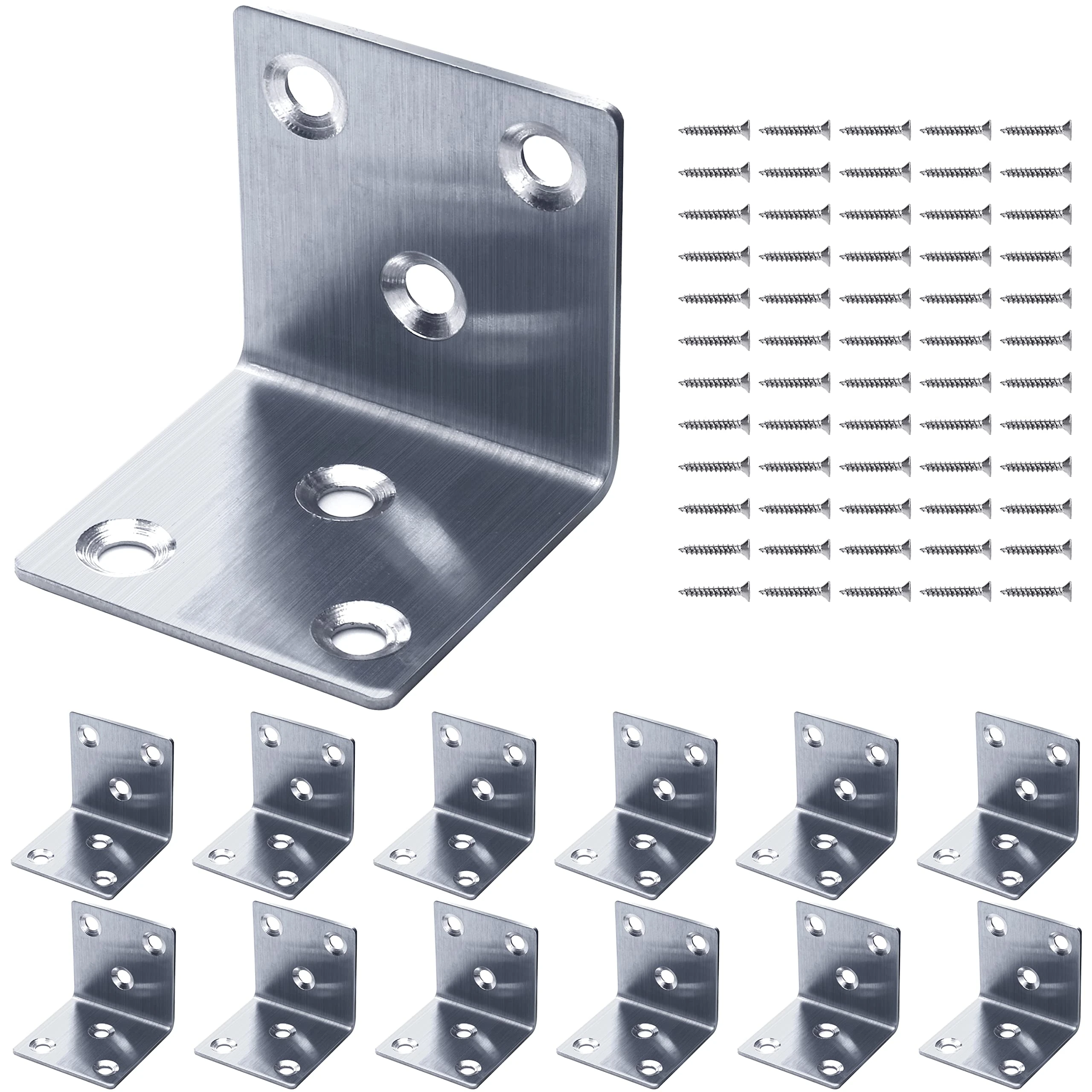 Gorffy Angle Brackets 12PCS, L Bracket 50 x 50 x 50 x 1.7mm, Stainless Steel Sleeper Brackets with 72 Screws, Heavy Duty Right Angle Corner Bracket for Wood, Metal Corner Braces for Fixing Timber