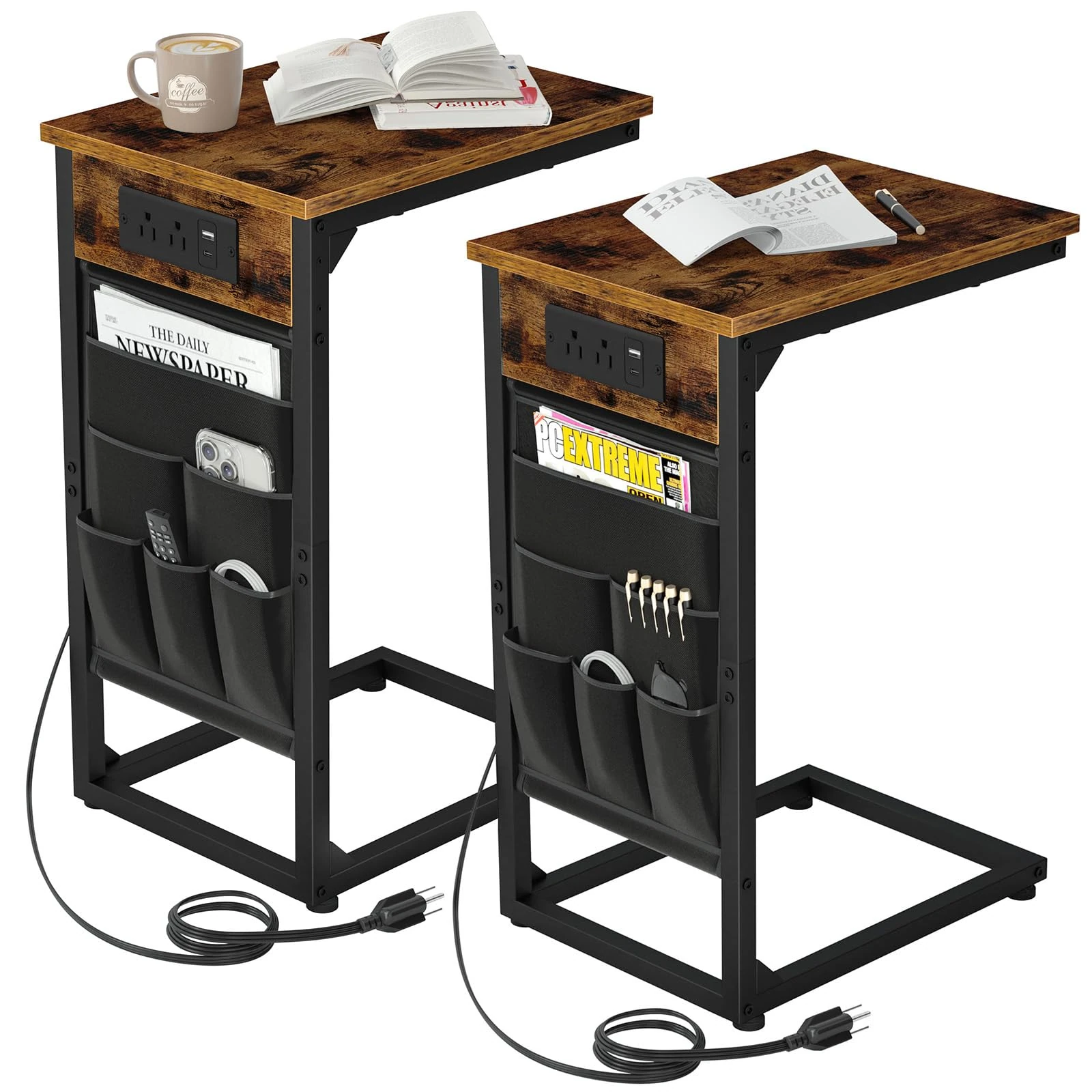 AMHANCIBLE C Shaped End Table with Charging Station, TV Tray Set of 2, Couch Tables with Storage Bag, Slide Under Sofa Side Table with USB Ports and Outlets for Living Room HET04CBR