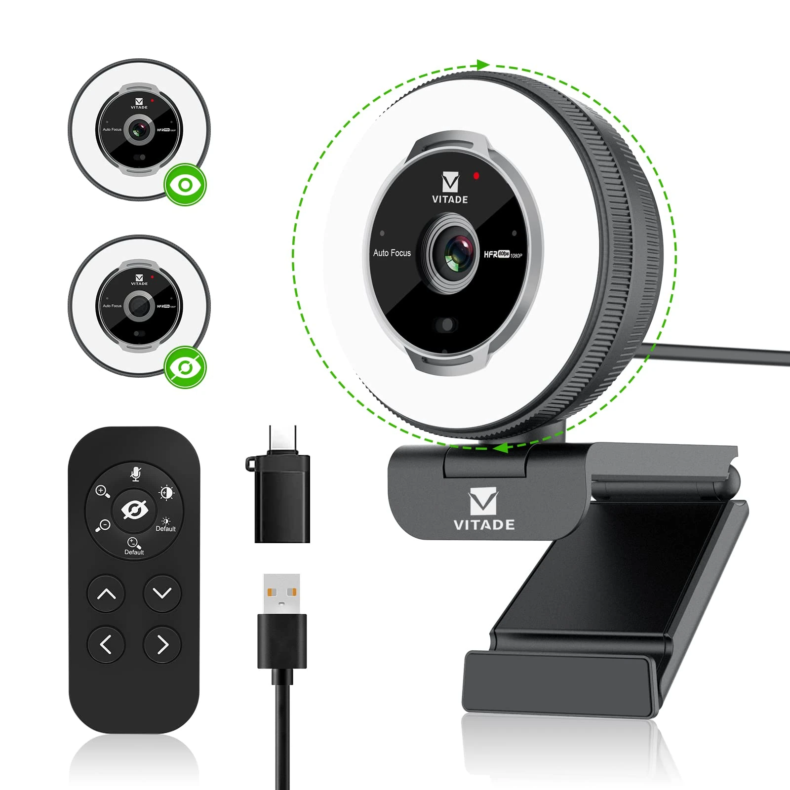 Vitade Streaming Webcam with 1080p FHD at 60fps and Adjustable Ring Light
