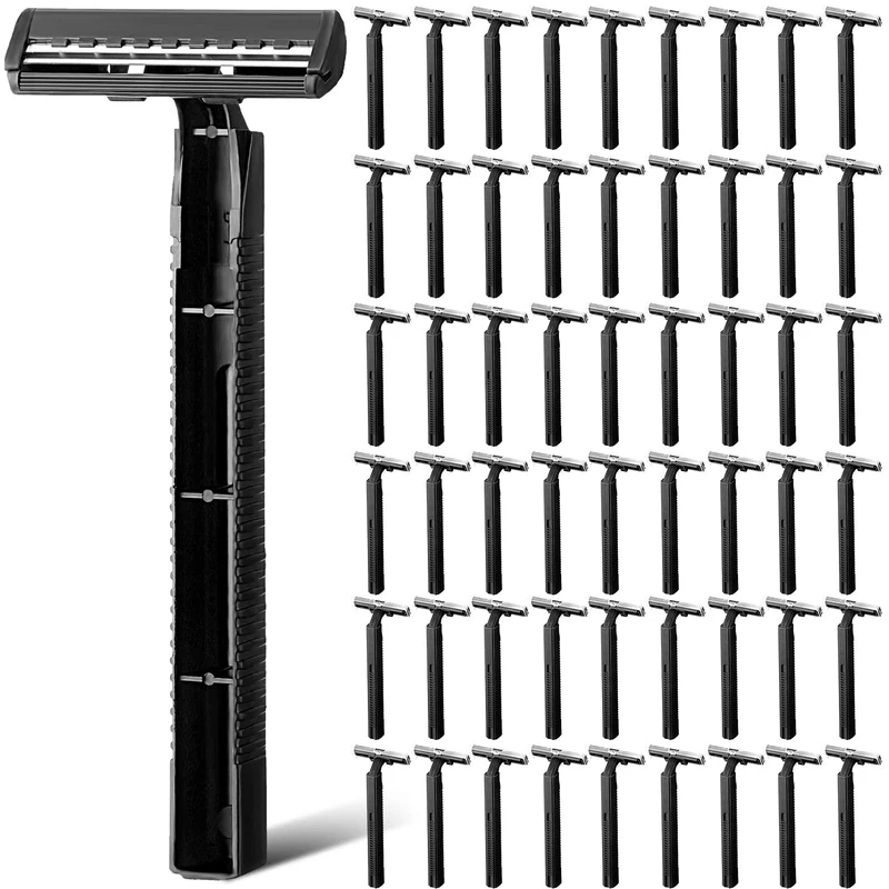 500 Pcs Disposable Twin Blade Razor Shaving Safety Razor for Men Individually Wrapped with Clear Safety Cap Bulk Packed Shaving Razor Portable for Hotel Guest House Travel Home Use (Black)