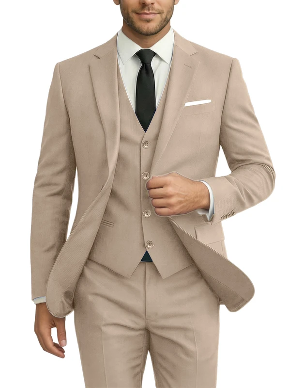 Men's 3 Piece Set Slim Fit Wedding Suit Groomsmen Prom Tuxedo Business Formal Casual Groom Suit Jacket Pants, Champagne, XXL
