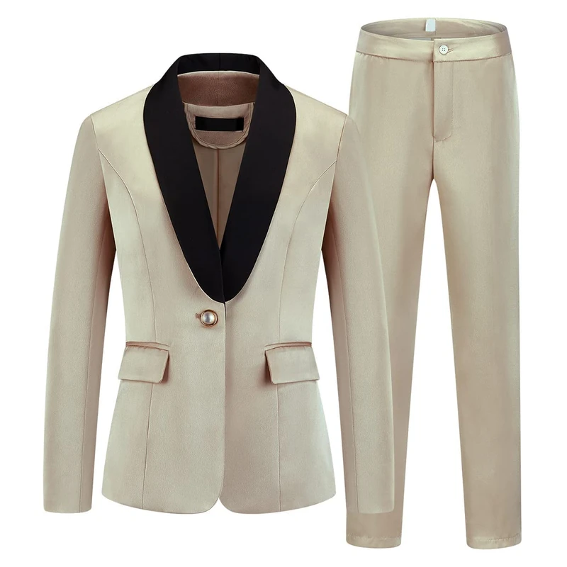 MODFUL Women's 2 Piece Business Suit Set One Button Solid Color Blazer Trouser-Suit, Apricot, Small