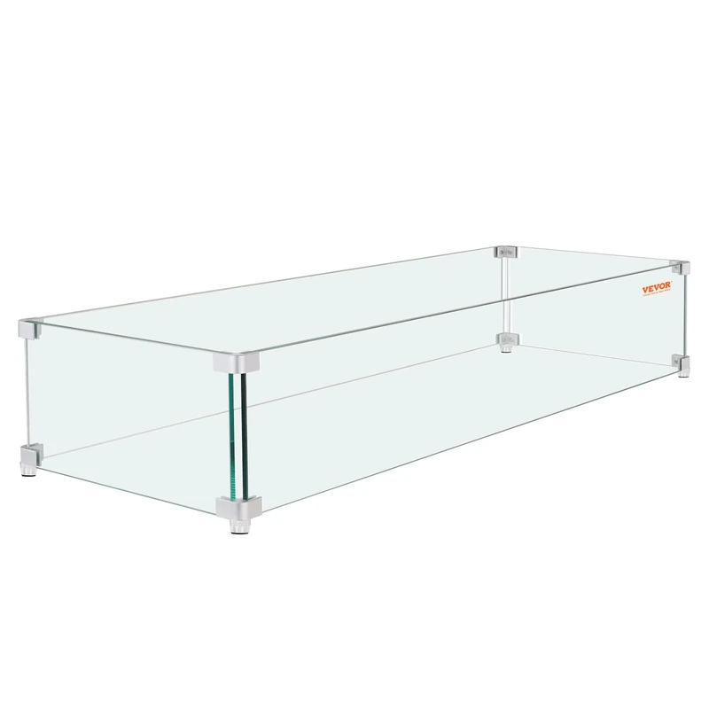 VEVOR Fire Pit Wind Guard, 38 x 10.5 x 6 Inch Glass Wind Guard, Rectangular Glass Shield, 0.3" Thick Fire Table, Clear Tempered Glass Flame Guard, Steady Feet Tree Pit Guard for Propane, Gas, Outdoor