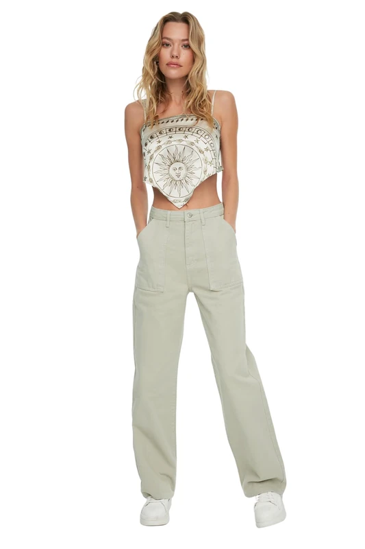 Trendyol Woman Basics High Waist Straight Leg 90's Wide Leg Jeans Stone