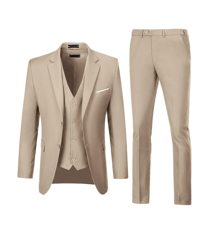 Men's 3 Piece Set Slim Fit Wedding Suit Groomsmen Prom Tuxedo Business Formal Casual Groom Suit Jacket Pants, Champagne, L