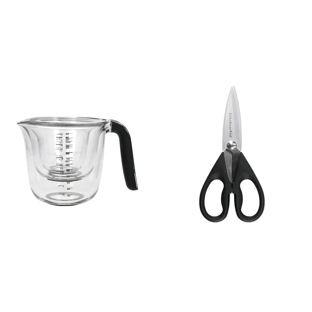 KitchenAid Universal Measuring Jugs, Set Of 3, 250ml, 500ml And 1L, Onyx Black & Multi-Purpose Scissors, Easy Grip Stainless Steel Kitchen Shears – Black
