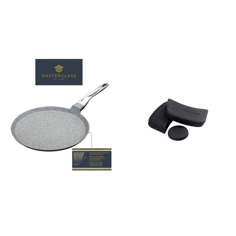 MasterClass MCMCP28 Cast Aluminium Induction-Safe Non-Stick Crêpe Pan, 28 cm (11"), Grey & MCMCASS3PC Pan Handle Sleeve Set for Cast Aluminium Casserole Pots, Easy Grip Silicone, 3 Pieces