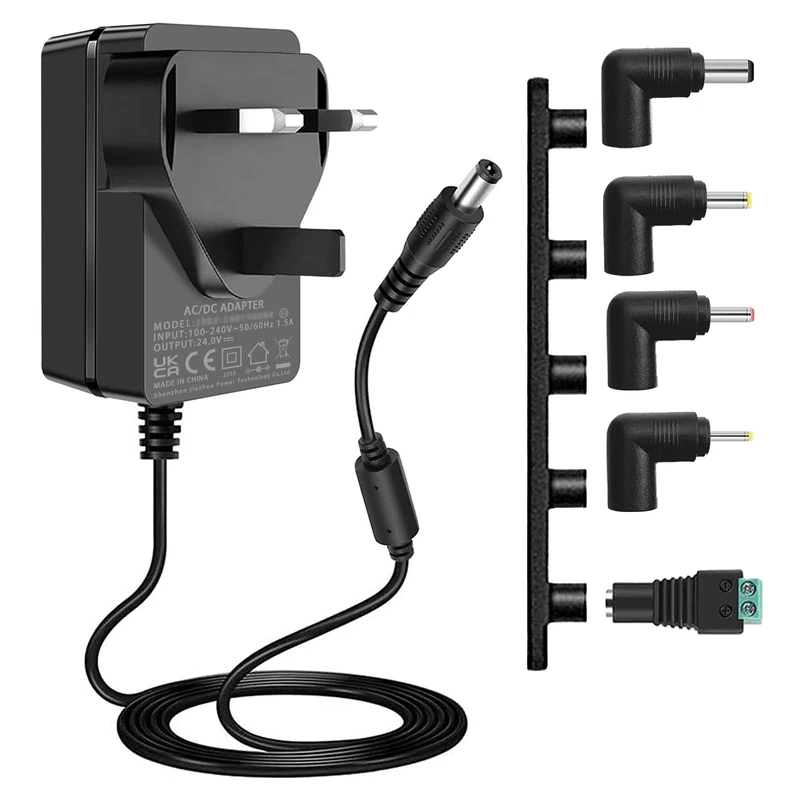 24V 1.5A DC Power Supply Cord 100V -240V AC to 24Vots 1.5A 1A 0.5A Power Adapter, Compatible with DC IN 24Vdc Led Strip Light Soundbar Air Humidifier Etc, with 5 Interchangeable Tips.