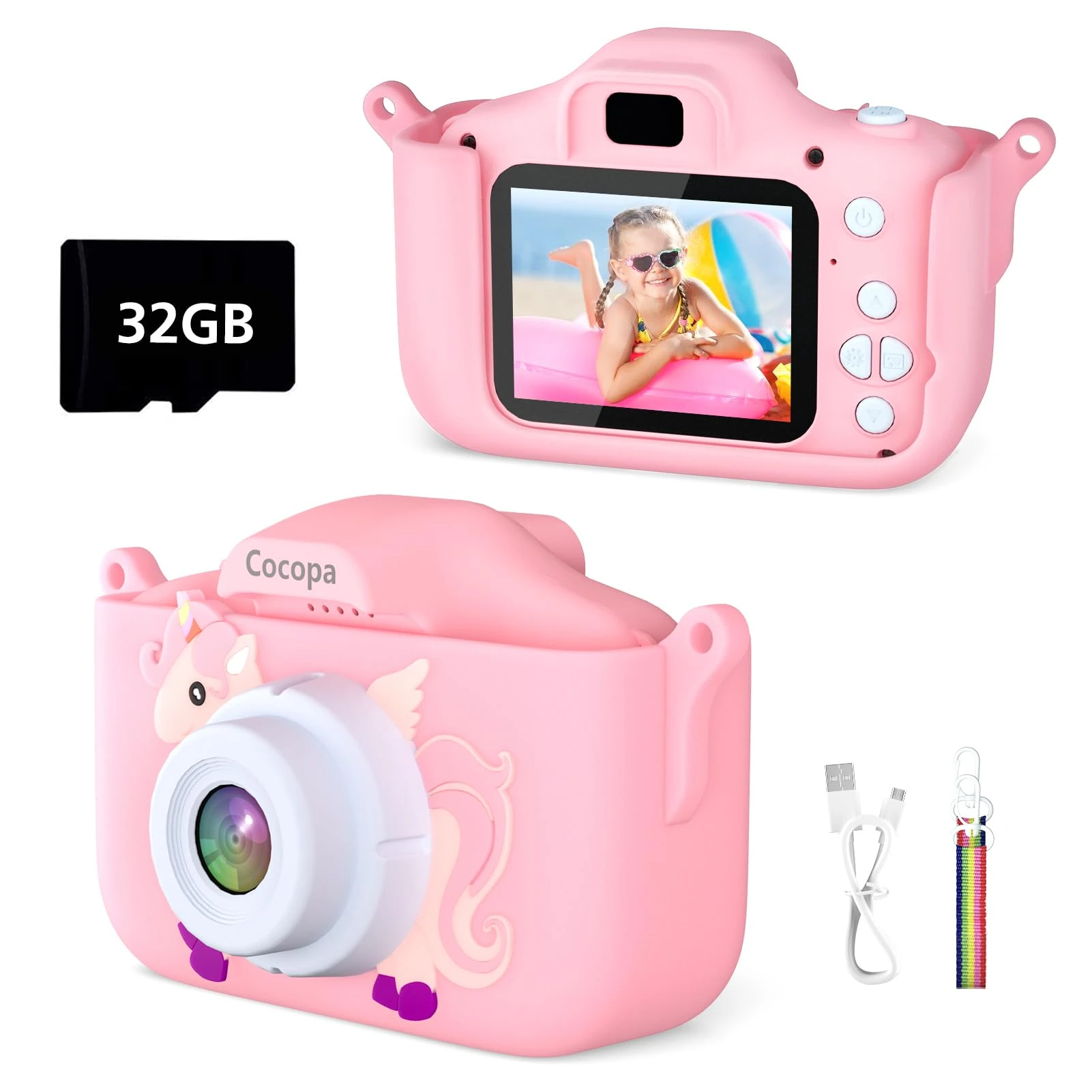 Cocopa Kids Camera Digital Camera for 3-12 Year Old Girls,1080P HD Video Camera for Kids with 32GB SD Card/2 Inch IPS Screen, Birthday Christmas Toy Gifts for 3 4 5 6 7 Year Old Girls (Pink)