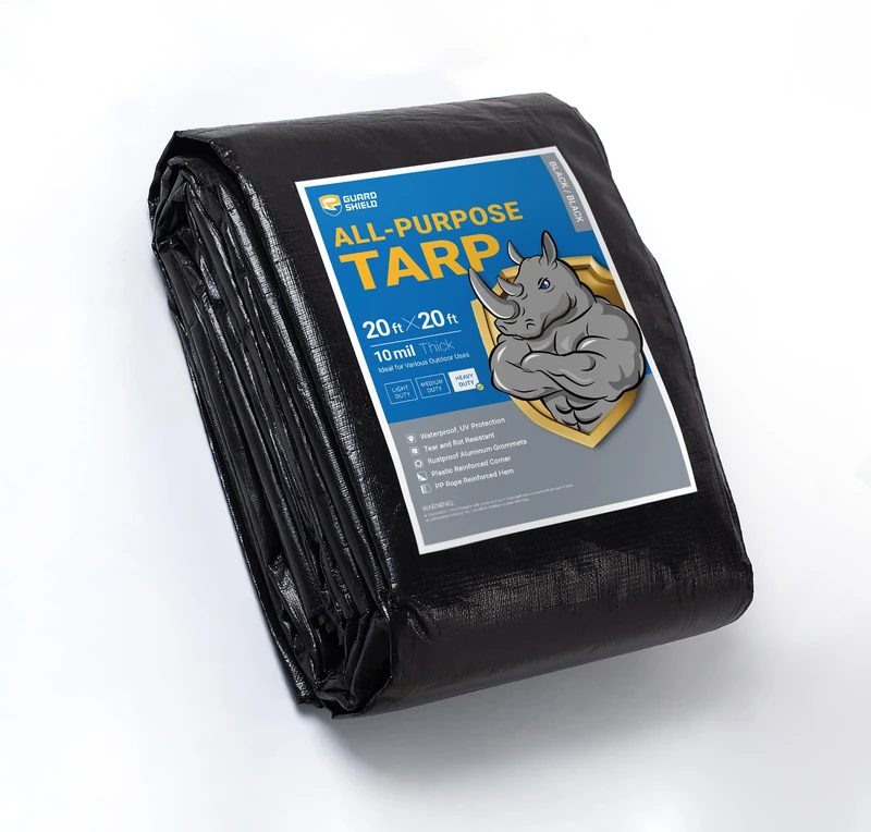 GUARD SHIELD Tarps Heavy Duty Waterproof 20x20 Feet Black Poly Tarp Cover Square Outdoor Thick UV Resistant Tarpaulin with Grommets 10mil