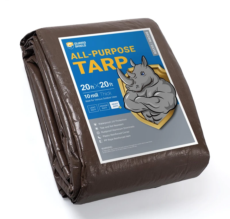 GUARD SHIELD Tarps Heavy Duty Waterproof 20x20 Feet Brown/Bright Silver Poly Tarp Cover Square Outdoor Thick UV Resistant Tarpaulin with Grommets 10mil