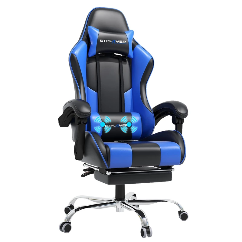 GTPLAYER Gaming Chair, Massage Computer Chairs with Footrest, Headrest and Lumbar Support Height Adjustable Ergonomic 360°-Swivel PC Chair Blue