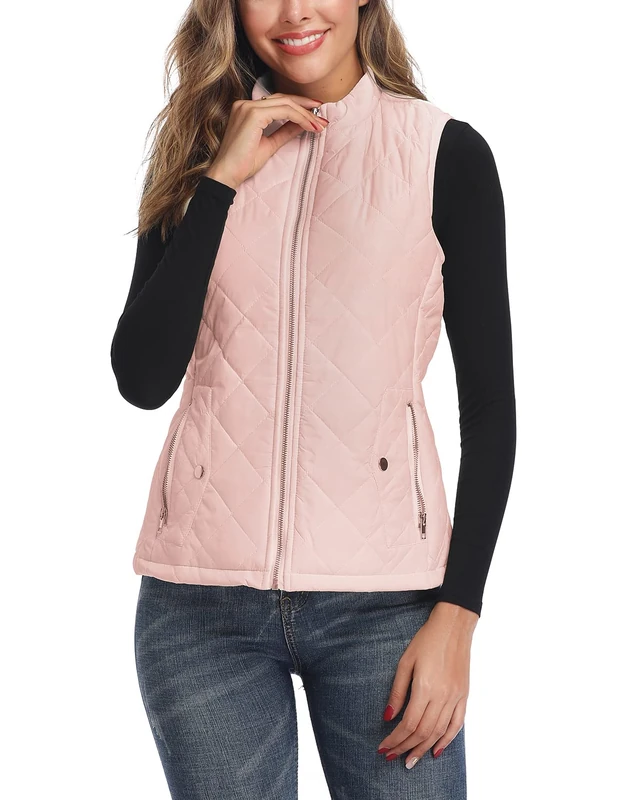 LONGKING Women's Outwear Vest - Stand Collar Lightweight Zip Quilted Vest for Women, Apricot Pink, M