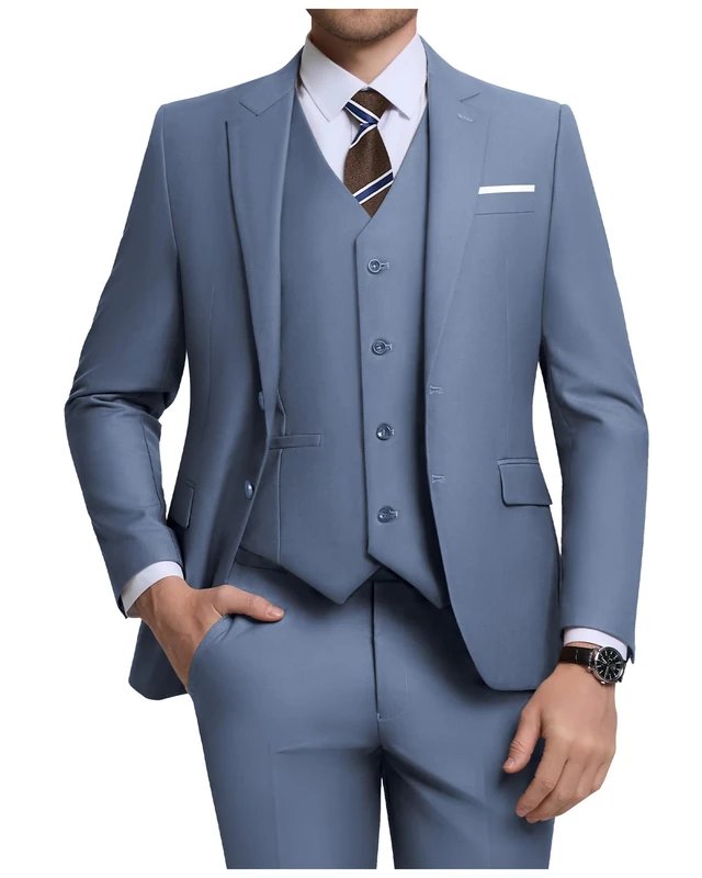 Holivyer Men's 3 Piece Slim Fit Suit Set, Two Button Blazer Solid Jacket Vest Pants Wedding Business Suit, Denim Blue, Large