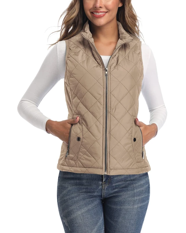LONGKING Women's Outwear Vest - Stand Collar Lightweight Zip Quilted Vest for Women, Khaki, XS