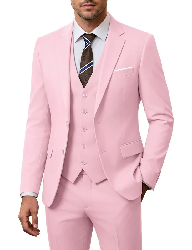 Holivyer Men's 3 Piece Slim Fit Suit Set, Two Button Blazer Solid Jacket Vest Pants Wedding Business Suit, Pink, 3XL