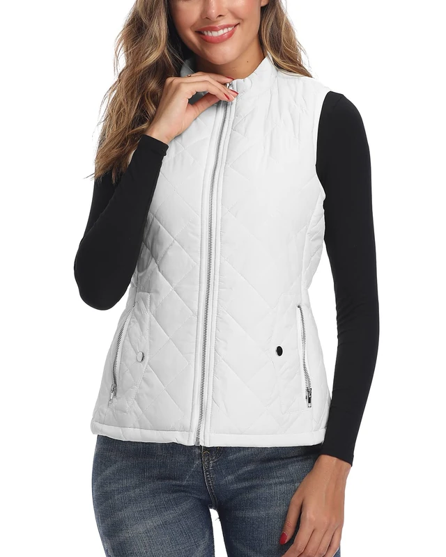 LONGKING Women's Outwear Vest - Stand Collar Lightweight Zip Quilted Vest for Women, Pure White, S
