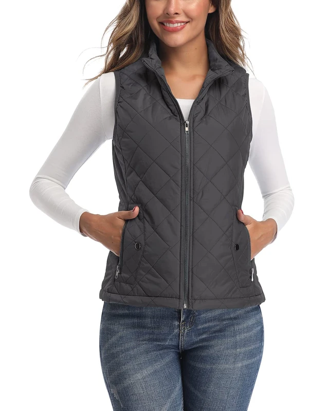 LONGKING Women's Outwear Vest - Stand Collar Lightweight Zip Quilted Vest for Women, Dark Grey, Medium