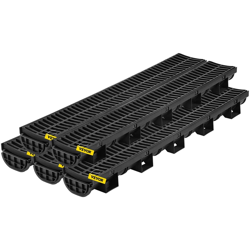 VEVOR Trench Drain System, Channel Drain with Plastic Grate, 14.5 x 8cm HDPE Drainage Trench, Black Plastic Garage Floor Drain, 5x39 Trench Drain Grate, with 5 End Caps, for Garden, Driveway-5 Pack