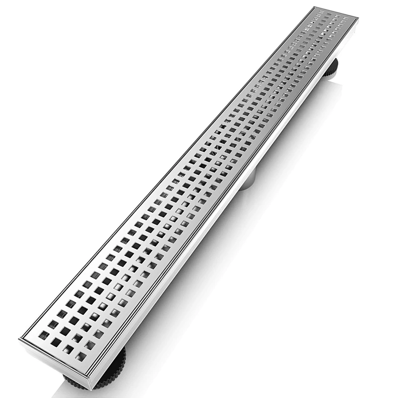 WEBANG 24 Inch Shower Linear Brushed Drain Rectangular Floor Drain with Accessories Square Hole Pattern Cover Grate Removable SUS304 Stainless Steel CUPC Certified Brushed Nickel