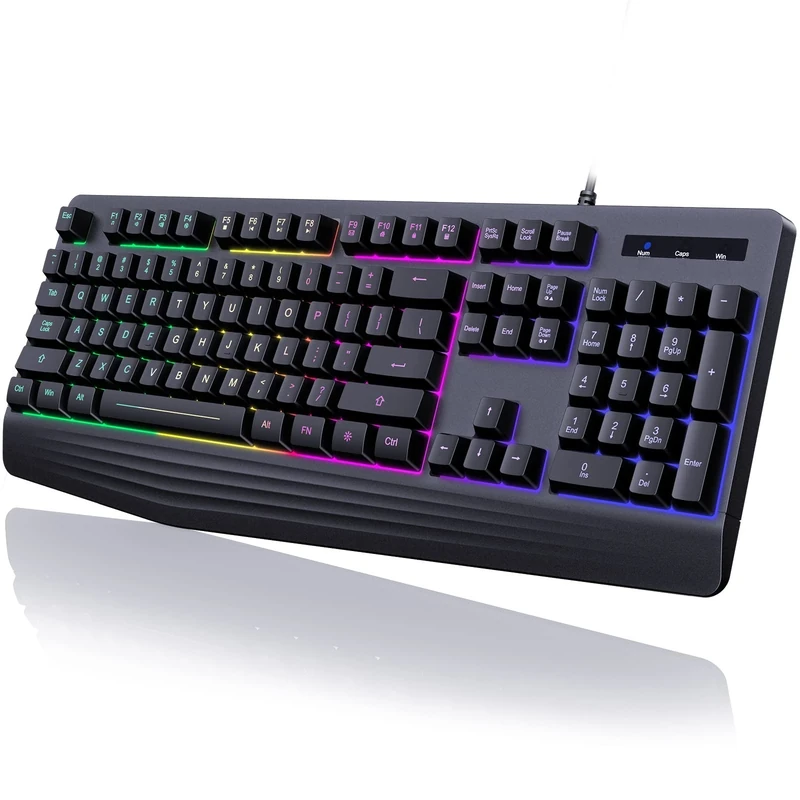yesbeaut Gaming Keyboard, 7-Color Rainbow LED Backlit, 104 Keys Quiet Light Up Keyboard, Wrist Rest, Multimedia Keys, Whisper Silent, Anti-ghosting Keys, Waterproof USB Wired Keyboard for PC Mac Xbox