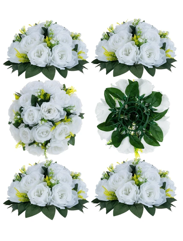 BLOSMON Flower Centerpieces for Tables Wedding 6 Pcs White Fake Flowers Rose Arrangement Bouquet Floral Centerpiece Balls Artificial Wedding Center Pieces of Valentines Day Home Party Decor
