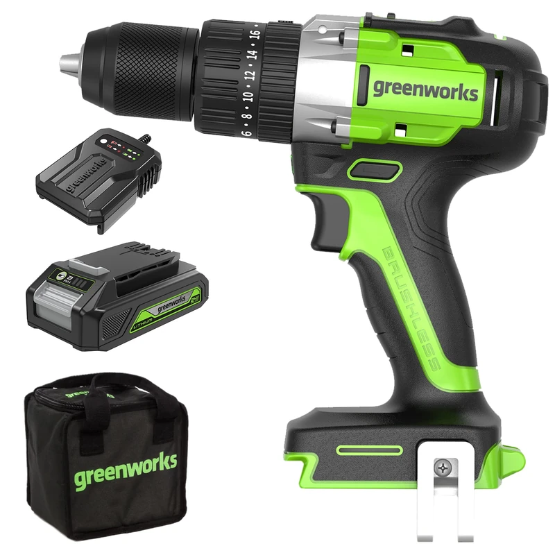 Greenworks GD24DD60K2 Cordless Drill Screwdriver with Brushless Motor, 0-1750rpm, 2 Gears, 60Nm Torque, Amazon Exclusive Carry Bag, 24V Battery & Charger